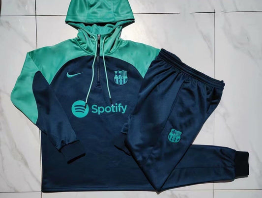 Barcelona 23-24, Dark Blue with Green Tracksuit with Hood Kid Size