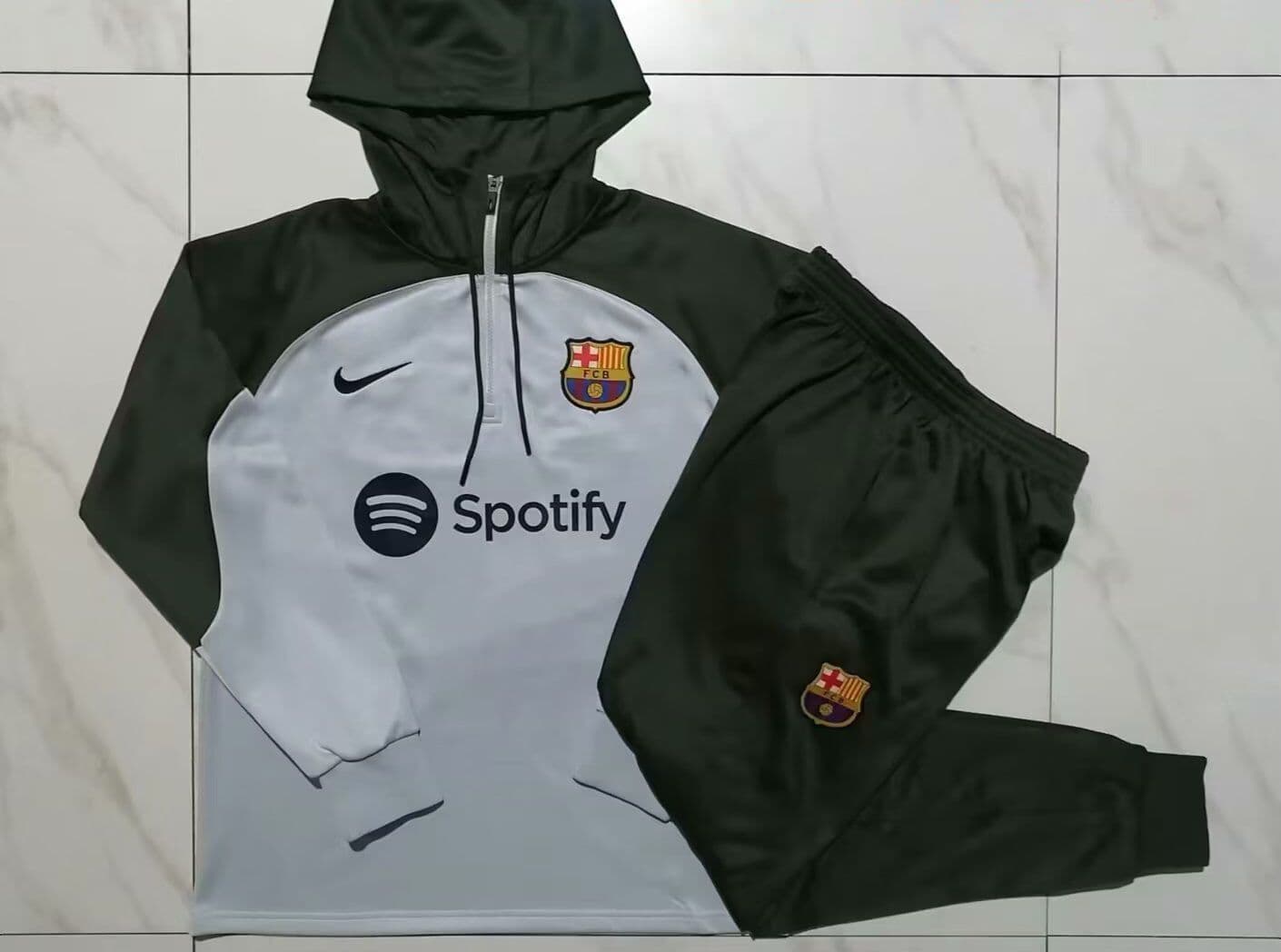 Barcelona 23-24,  Grey with Dark Green Tracksuit with Hood Kid Size