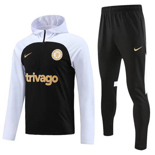 Chelsea 23-24, Black with White Tracksuit with Hood Tracksuit