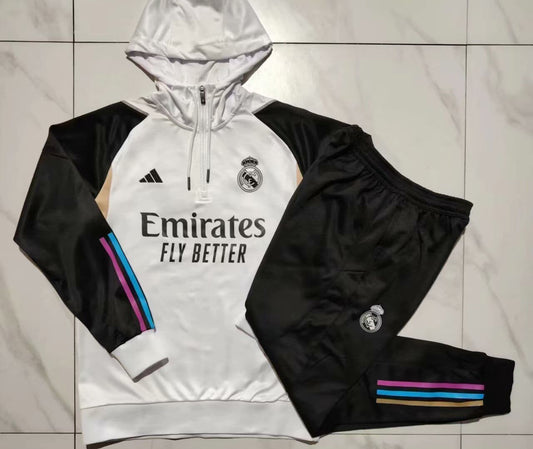 Real Madrid 23-24, White with Black Sleeve Tracksuit with Hood