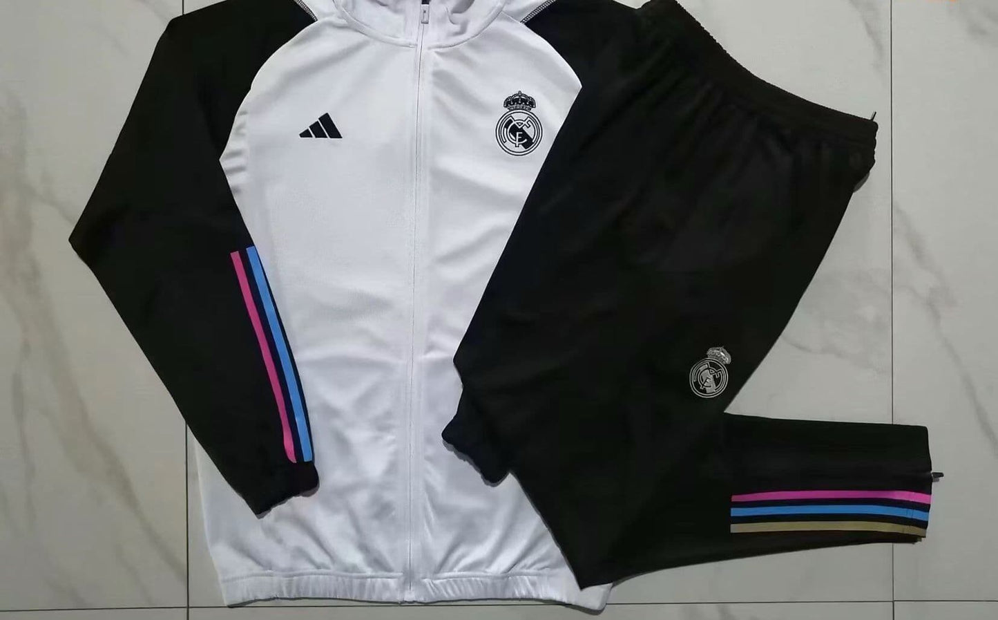 Real Madrid 23-24, White with Black Sleeve with Blue Pink Line Tracksuit Kid Size