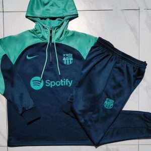 Barcelona 23-24, Dark Blue with Green Tracksuit with Hood Kid Size