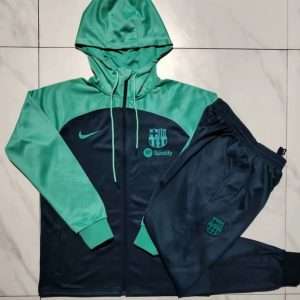 Barcelona 23-24, Dark Blue with Green Tracksuit with Hood Kid Size