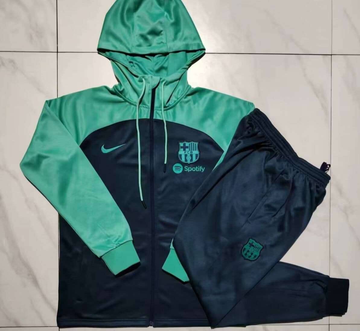 Barcelona 23-24, Dark Blue with Green Tracksuit with Hood Kid Size