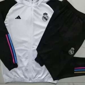 Real Madrid 23-24, White with Black Sleeve with Blue Pink Line Tracksuit Kid Size